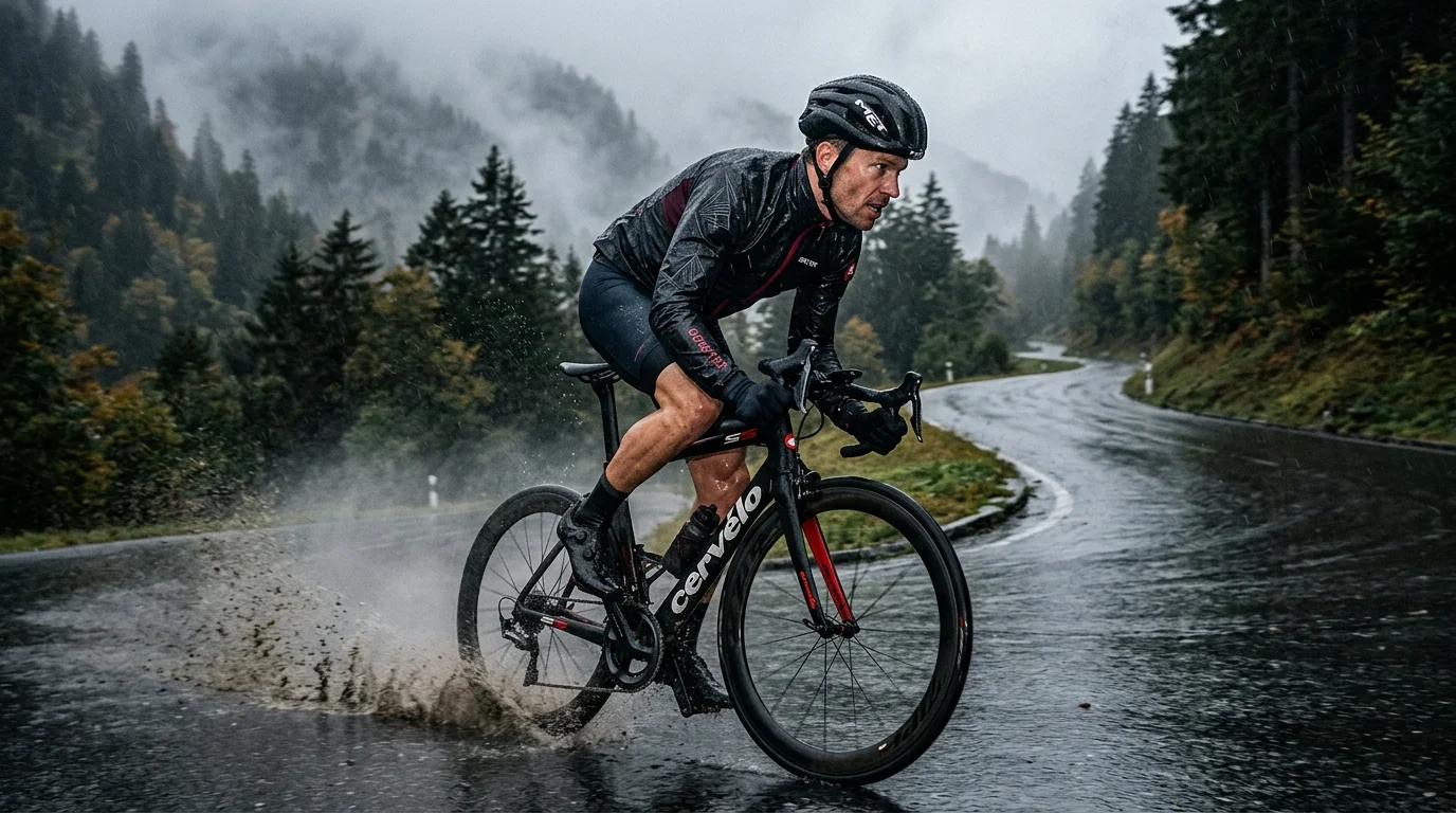 GOREWEAR Spinshift Radsportlerin im Renntempo bei Regen