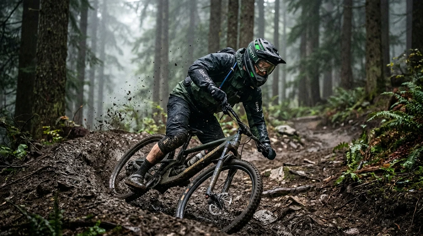 GOREWEAR Lupra Mountainbiker auf schlammigem Singletrail